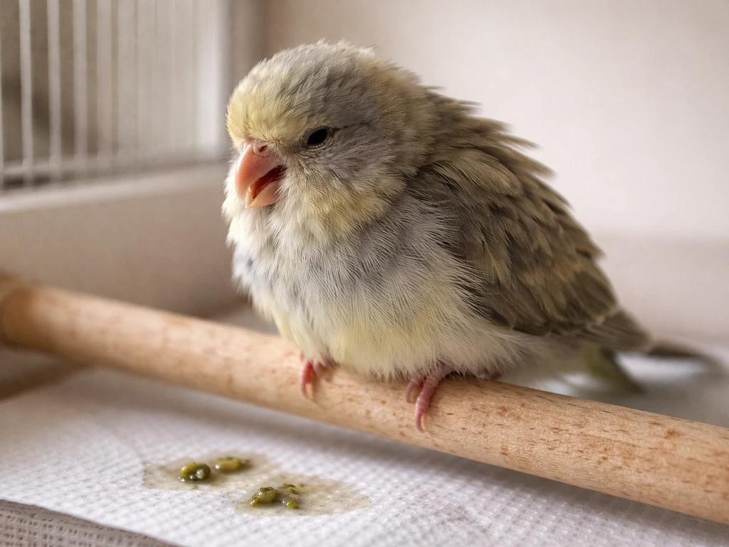 Close-up of a small pet bird on a perch with fluffed feathers, lowered posture, and signs of illness.