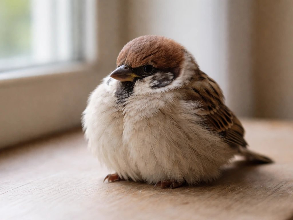 A small bird fluffed up and holding its feathers close in a calm indoor setting.