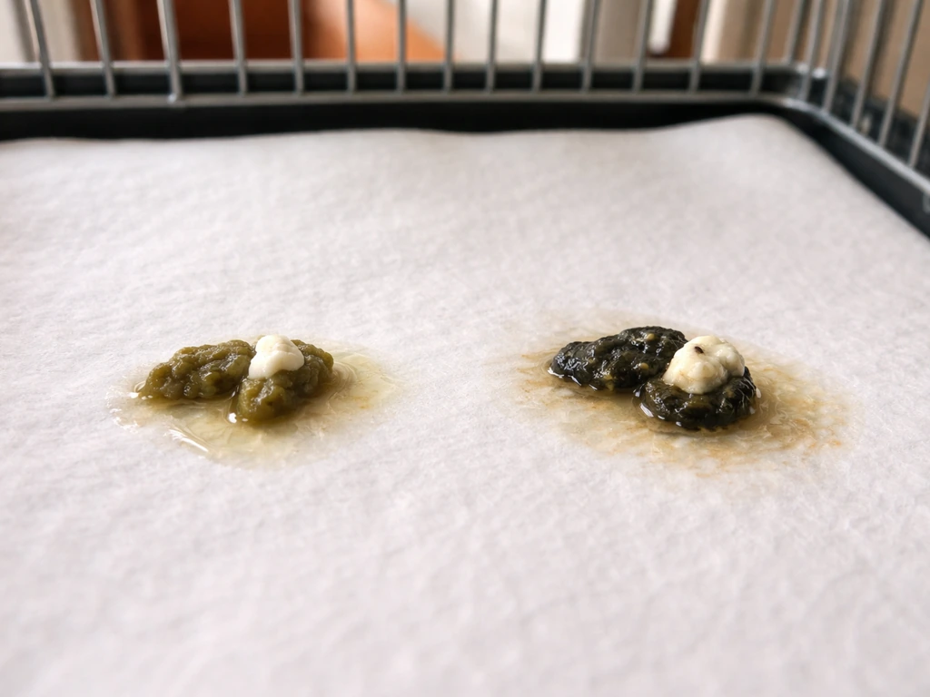 Close-up of bird droppings on cage paper showing normal vs abnormal color and consistency.
