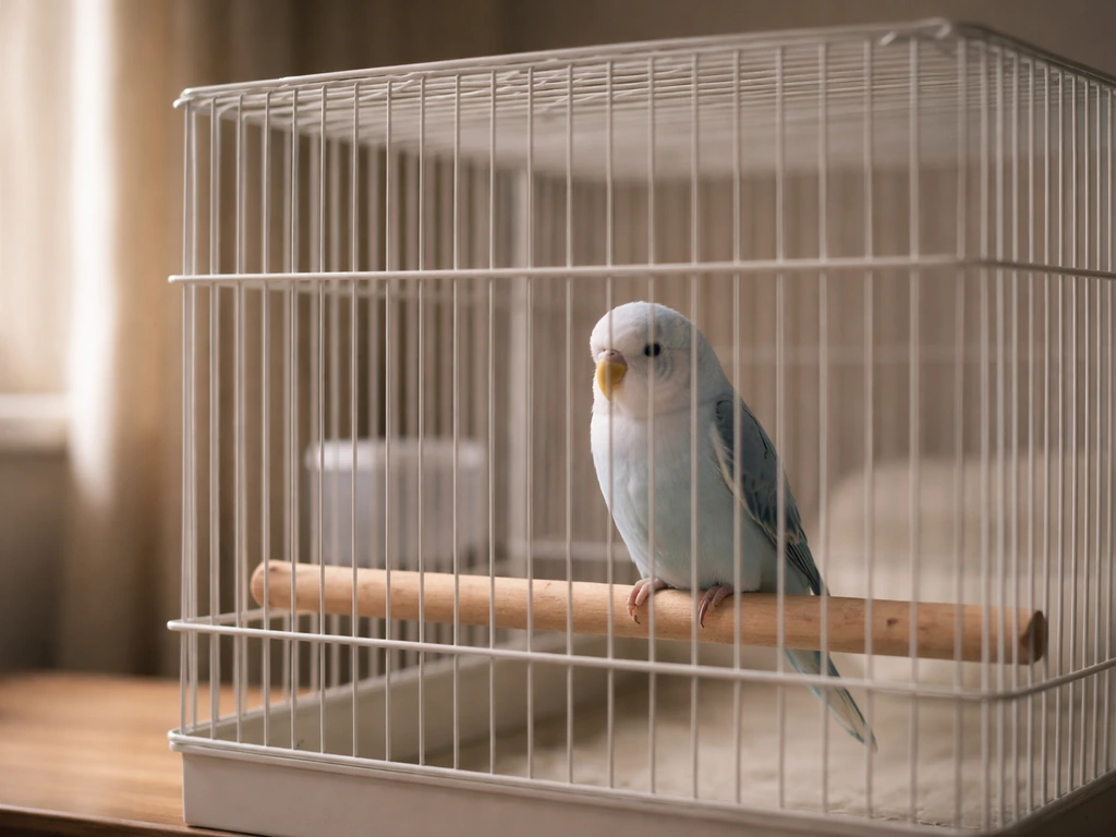 A small pet bird perched in a simple isolation cage in a quiet room, lit by natural window light.