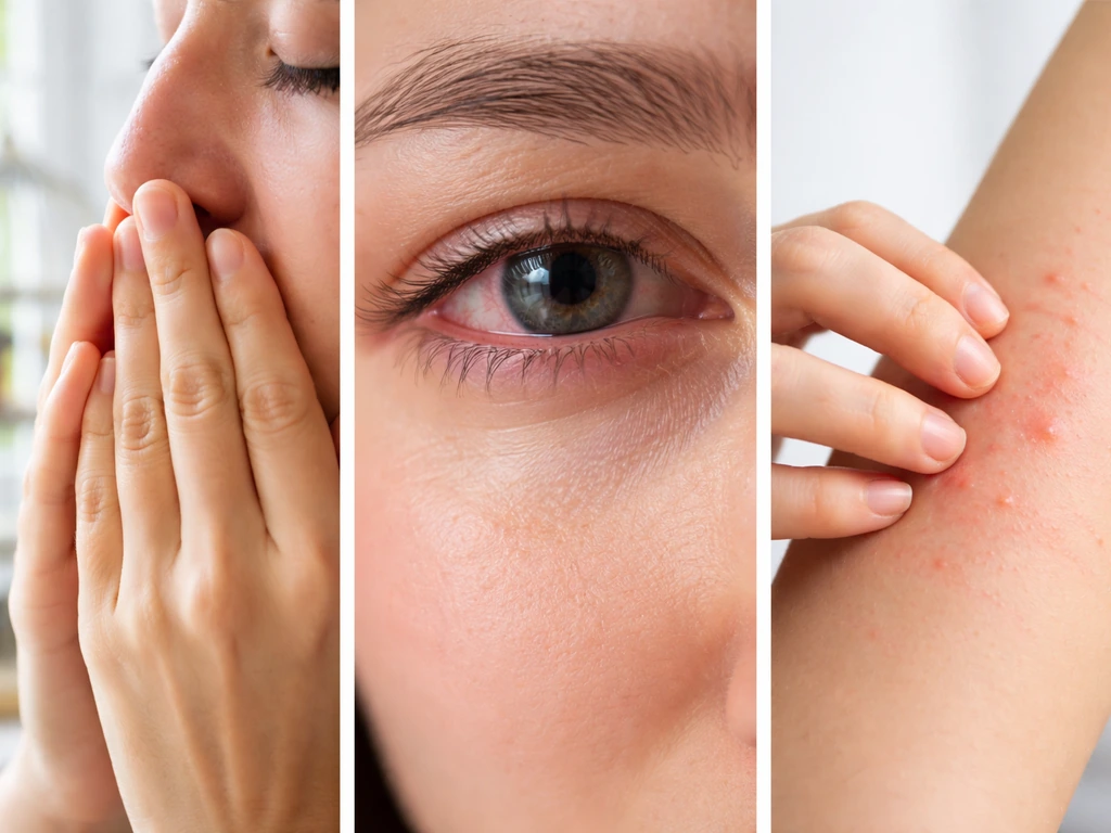 Triptych of bird allergy symptoms: sneezing nose, red watery eye, and small hives on a hand.