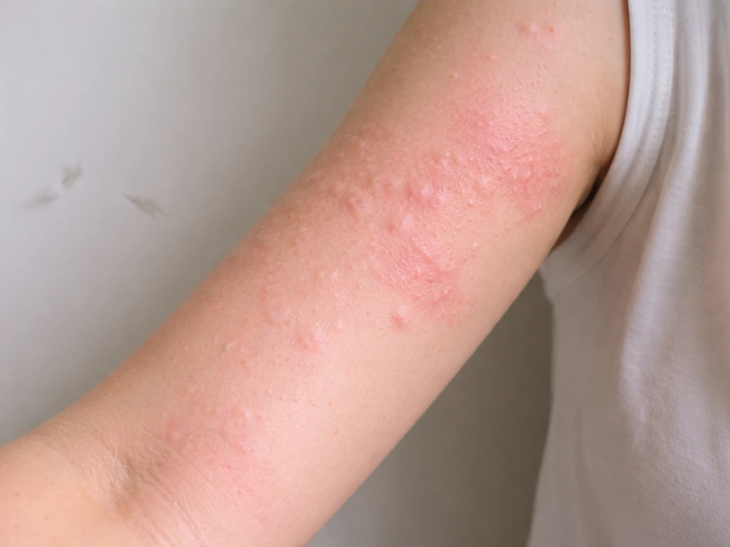 Closeup of mild hives and red irritated skin on an arm after contact with bird feathers