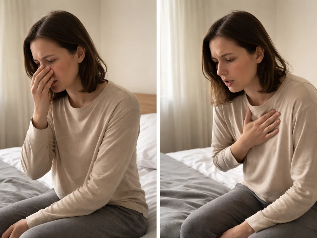 Split-view photo showing mild nasal irritation vs a person with persistent wheezing and chest tightness