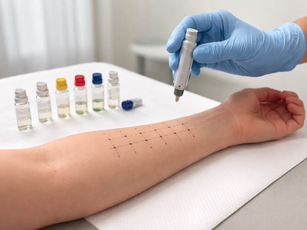 Forearm on clinic table with skin prick allergy test marks, lancet device, and small allergen vials nearby