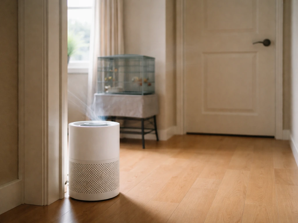 HEPA air purifier running near a closed room, with a bird cage set away and window slightly ajar for airflow.