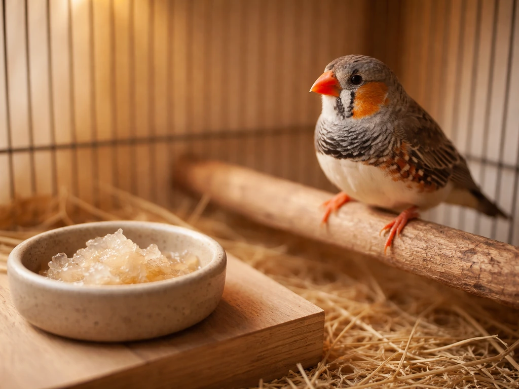A small bird perched in a cozy warm cage beside a bowl of edible bird’s nest.
