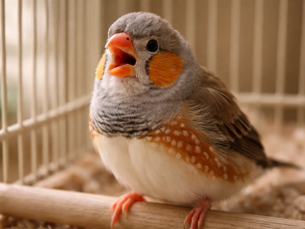 Close-up of a small bird perched in its cage with its beak open as if gagging or swallowing.