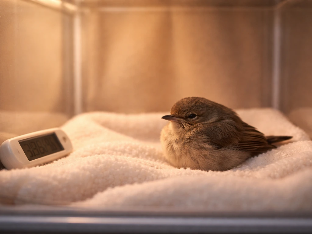 A small sick bird resting inside a quiet, softly heated enclosure with a nearby temperature thermometer