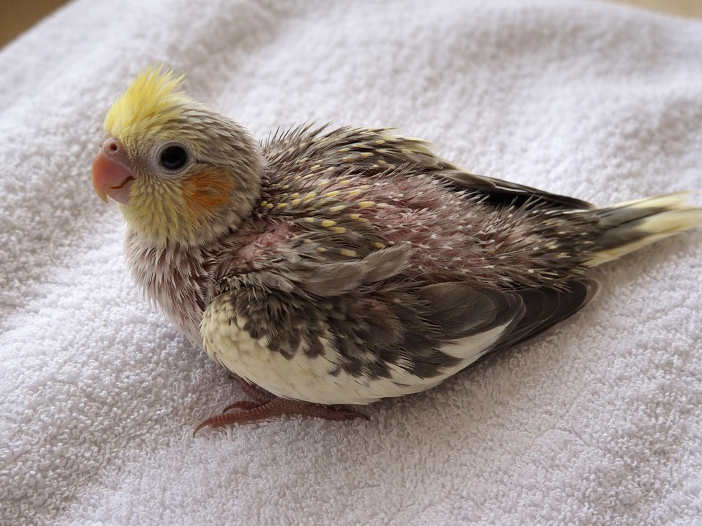 Top-down view of a small bird on a white towel showing feather coverage and exposed skin areas in good light.