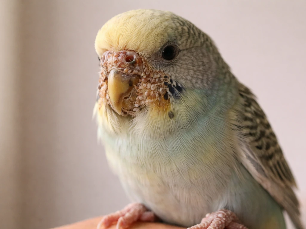 Close-up of an anonymous small pet bird with crusty scaly patches near beak and irritated leg skin.