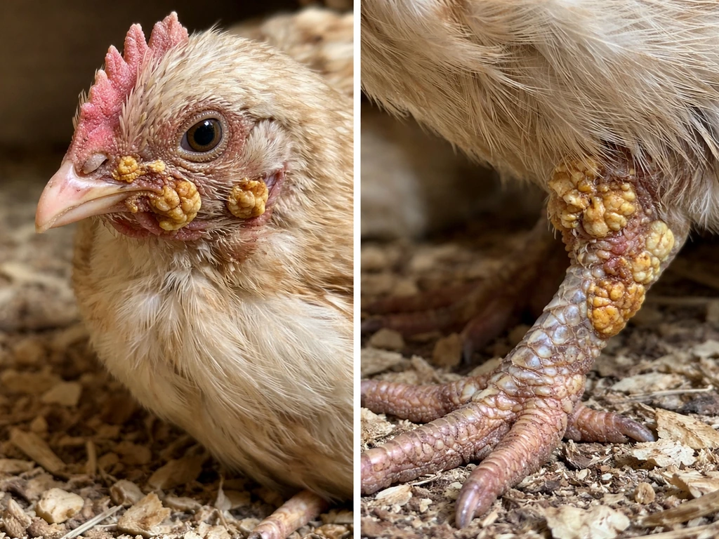 Close-up of a small poultry bird with tan/yellow wart-like lesions on bare skin near the face and leg.