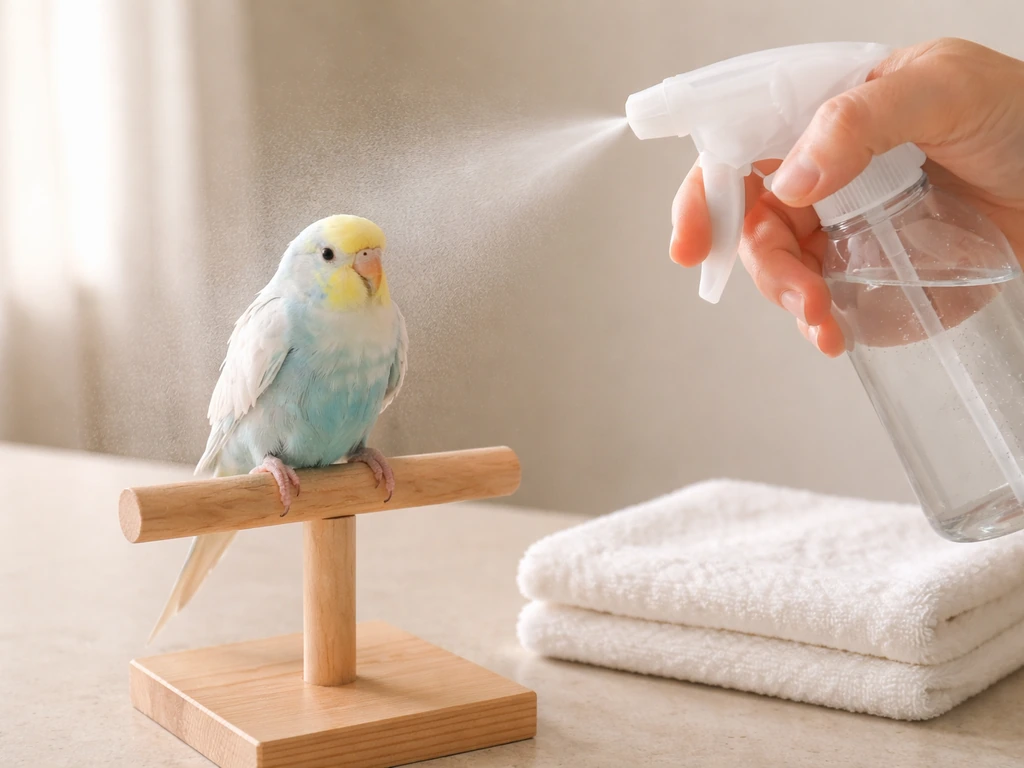 Small pet bird gently misted with room-temperature water and drying on a perch