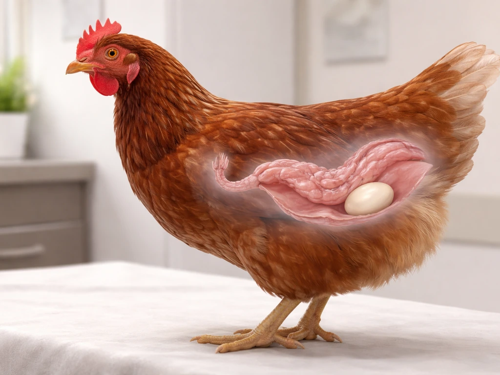 Side view of a hen with a subtle translucent anatomical overlay suggesting an egg lodged in the reproductive tract.