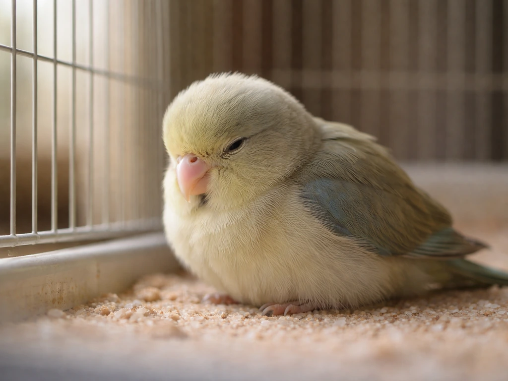 Small pet bird hunched and fluffed, sitting low on cage floor with eyes half-closed and tail low