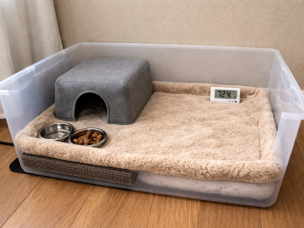 A small quiet recovery setup for a pet: warm enclosure with a heat source, thermometer, and cozy hide box.