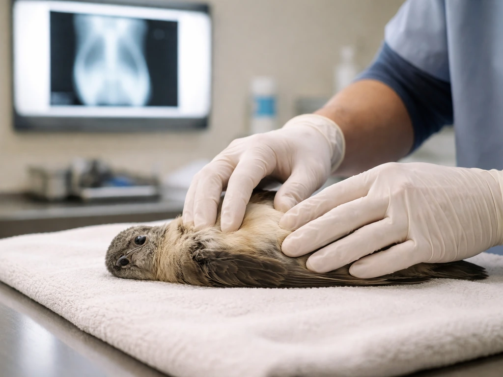 Gloved hands gently palpate a small bird on an exam table, with an x-ray lightbox softly in back