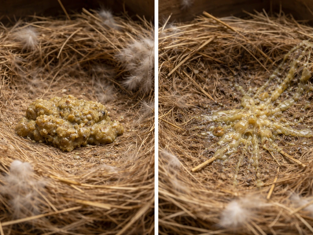 Close-up of an empty nest with two contrasting bird food regurgitation textures on soft bedding