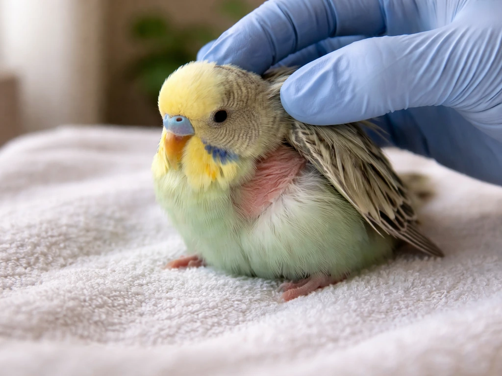Vet gloved hand gently checking a small pet bird’s crop area while the bird looks unwell.