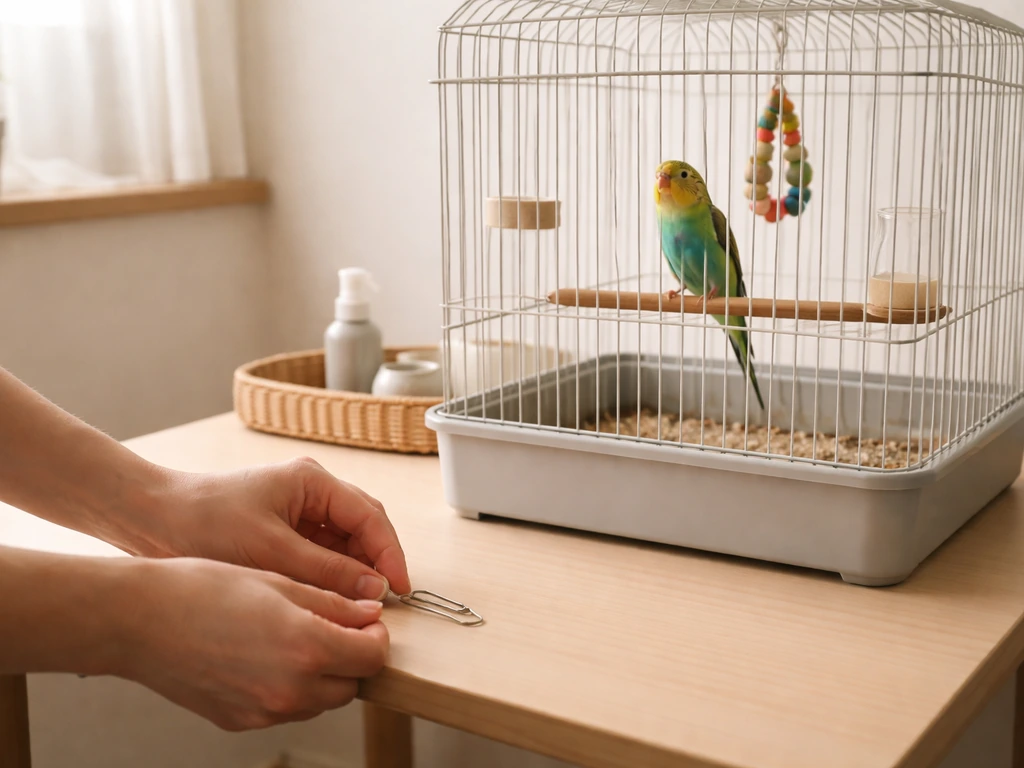 Hands remove a small risky item near a bird cage in a calm, minimal home setup.