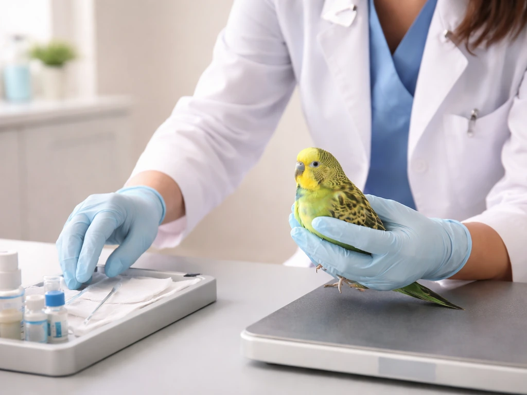Avian vet gently examining a small pet bird in an exam room, preparing diagnostic materials on a counter.