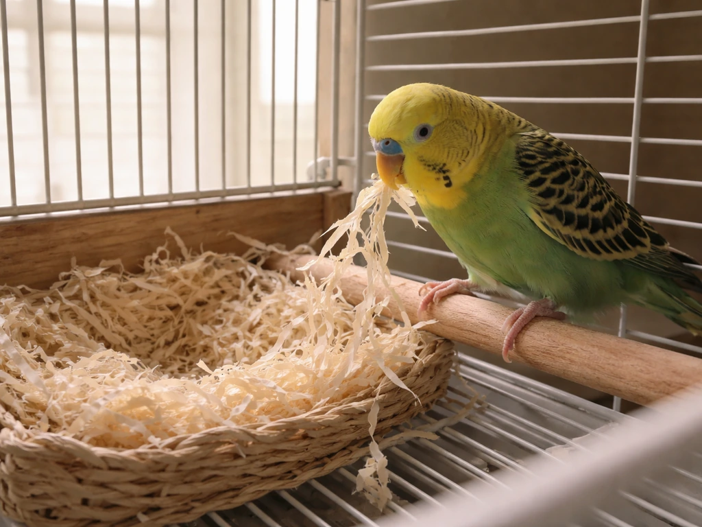 Small pet bird shredding paper near a nest corner inside a quiet cage