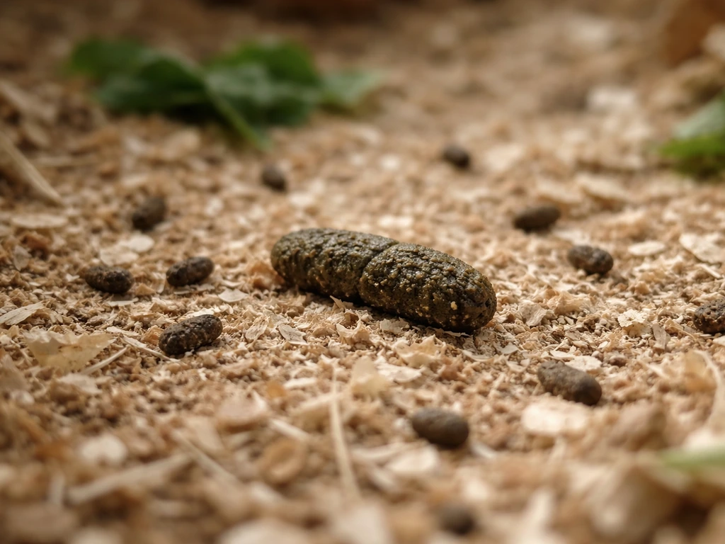 Close-up of pet cage substrate showing fewer, larger droppings among normal smaller droppings.