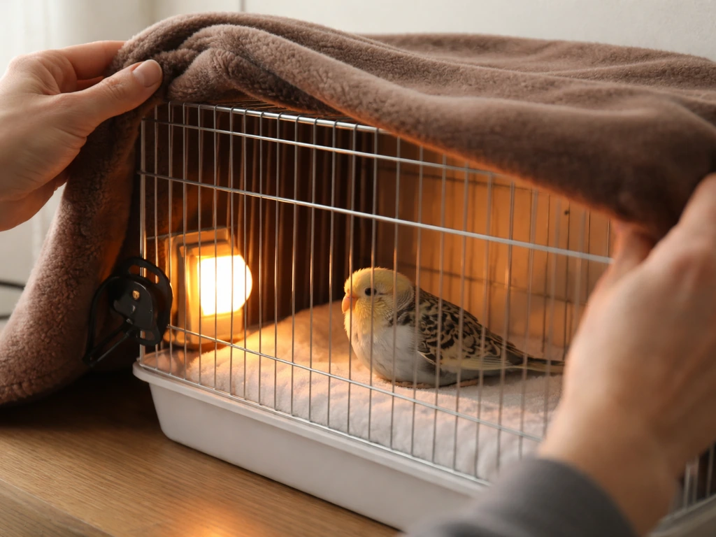 Owner adjusting a safe heat source near an unwell caged bird, warm side of cage visible