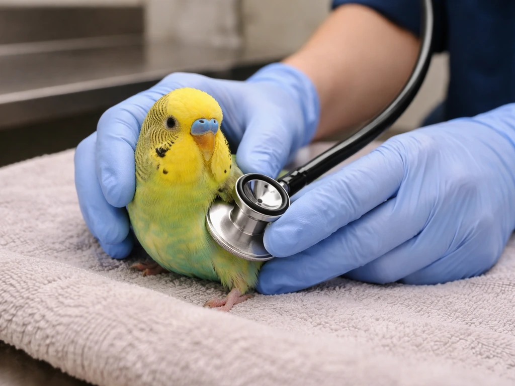 Gloved vet gently stabilizes a small bird on an exam table while checking breathing with a stethoscope.