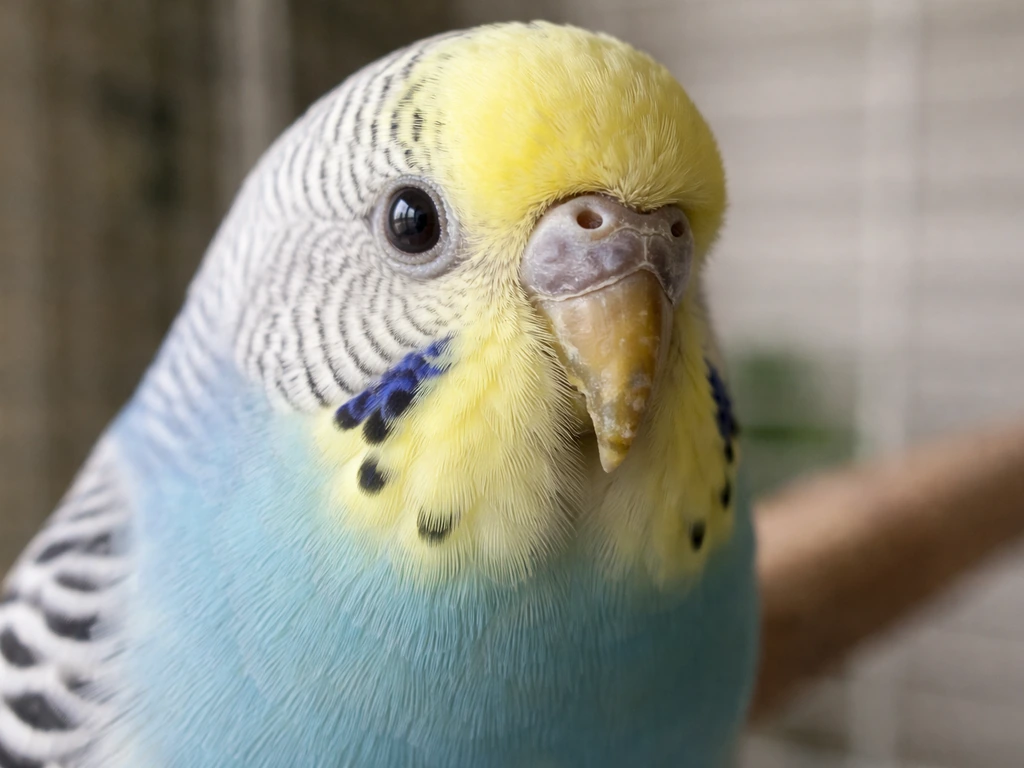 Close-up of a budgie’s head and beak showing normal-to-slightly-abnormal texture.