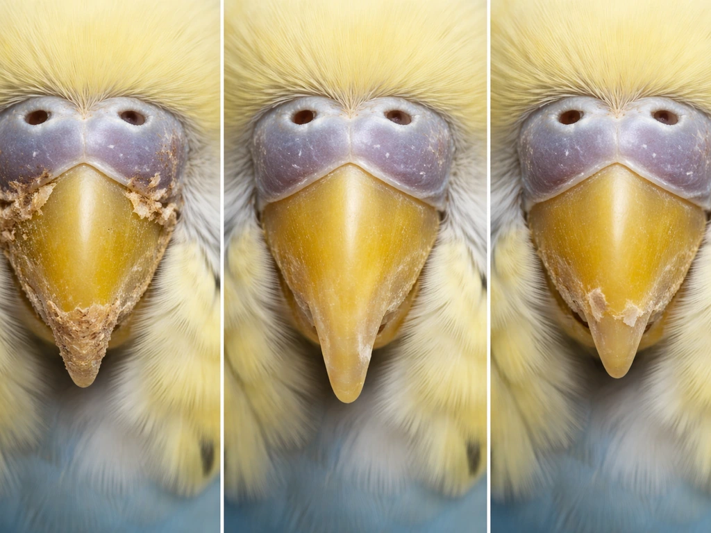 Close-up of a budgie beak with three distinct abnormal textures and overgrowth, shown clearly side-by-side.