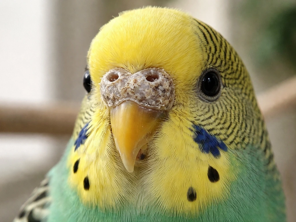 Close-up of a budgie’s face showing subtle whitish crust and flaking near the cere and mouth corners.