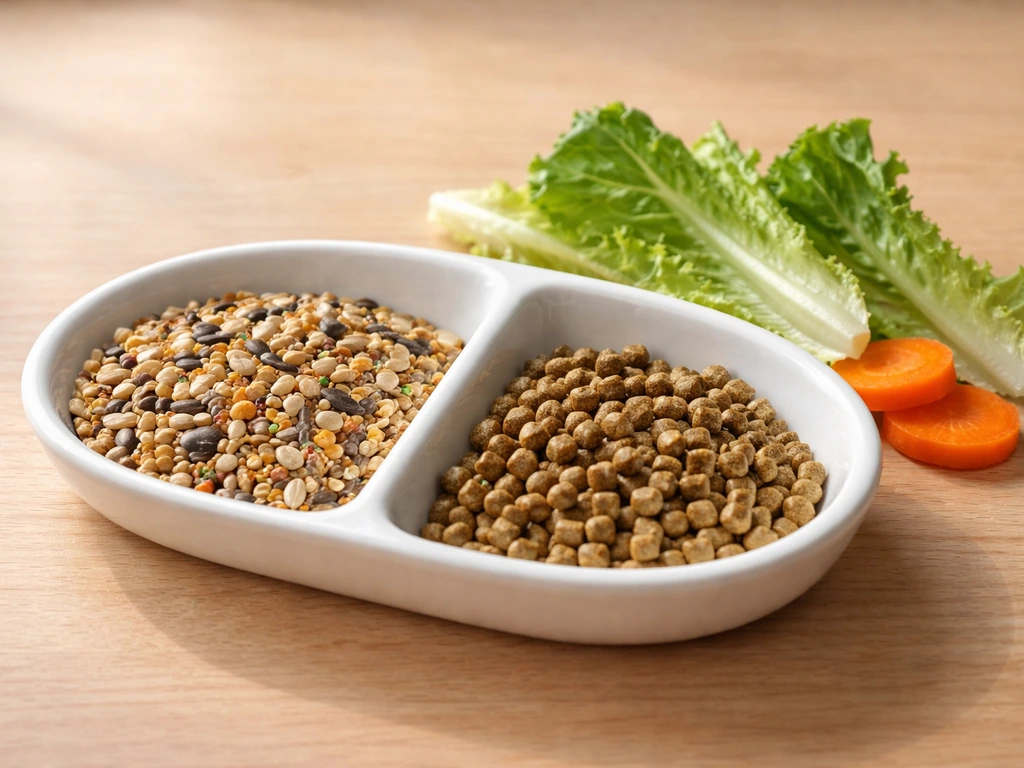 Close-up of measured budgie seed portion beside pellets and fresh vegetable pieces on a small dish.