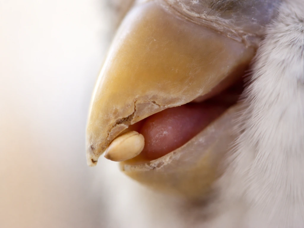 Close-up of a budgie beak tip with a chipped crack, gripping a seed and starting to crack it.