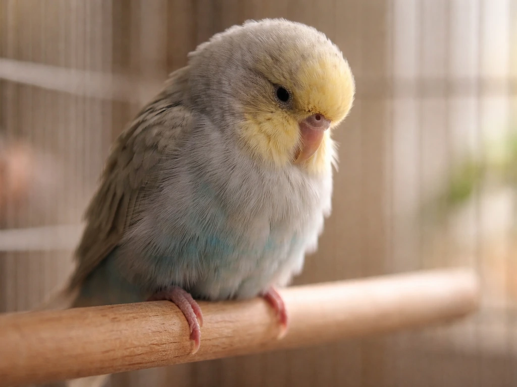 Small pet bird looking subdued and lethargic on a perch in soft natural light