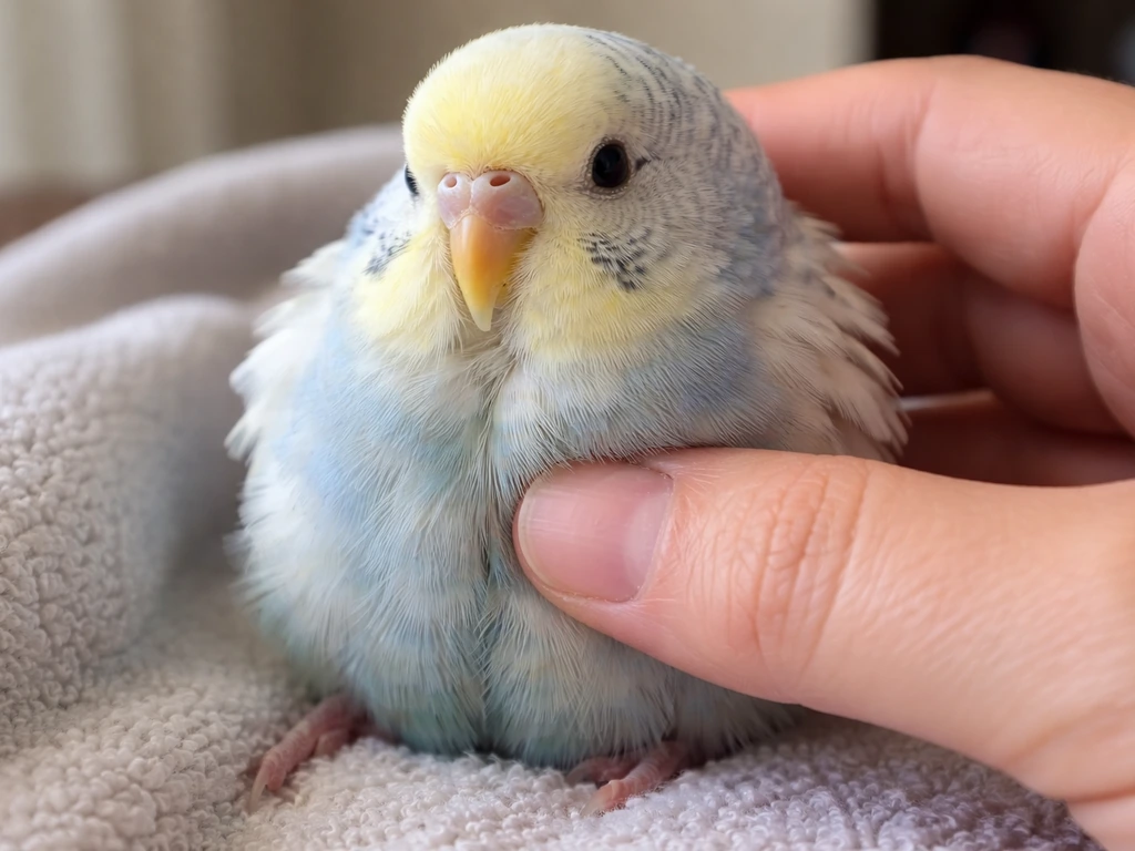 Caregiver palpating a bird’s keel bone while the bird stays fluffed but calm