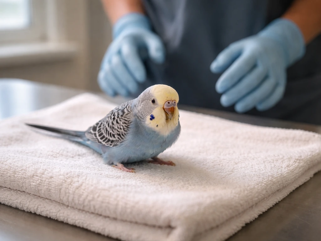 A small pet bird shows open-mouth breathing at rest while a gloved clinician gently prepares to help.