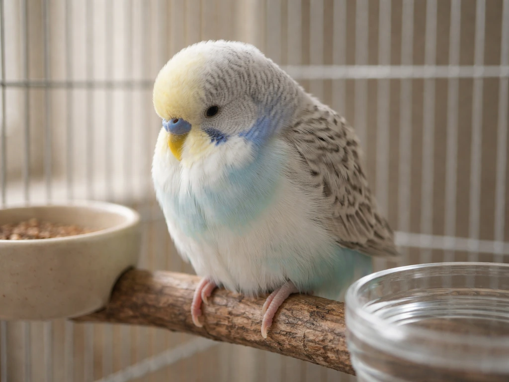 A budgie perched near food and water, slightly fluffed and subdued, suggesting it may be unwell.