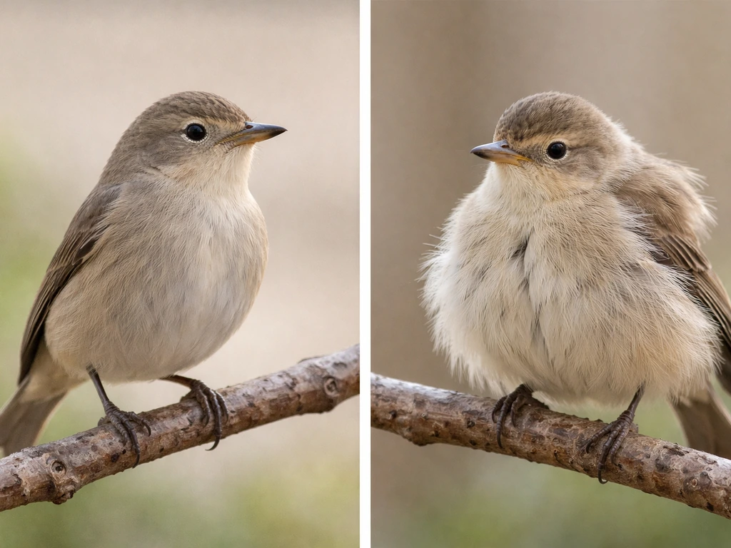 Side-by-side birds: smooth, upright healthy posture on one side and continuously fluffed ruffled feathers on the other.