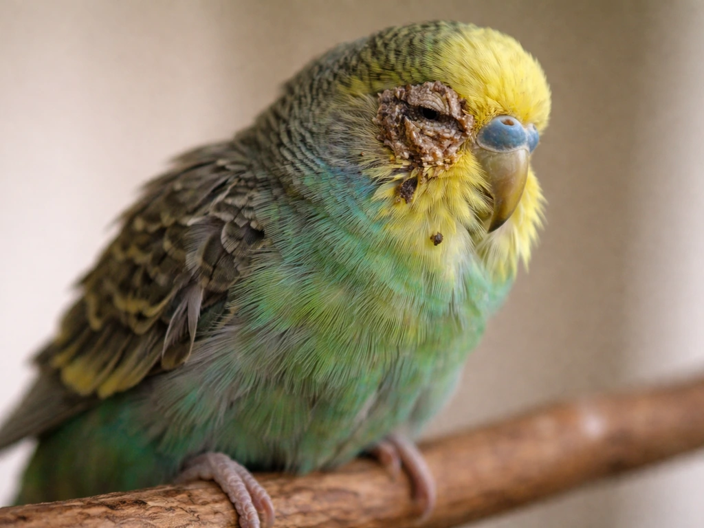 Close-up of a small bird with dull, broken feathers and crusty eye discharge