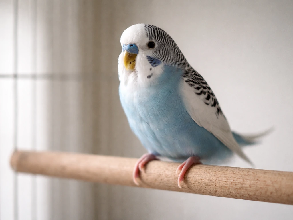 Small pet bird at rest with open-mouth breathing and tail-bobbing posture, emergency-focused calm setting