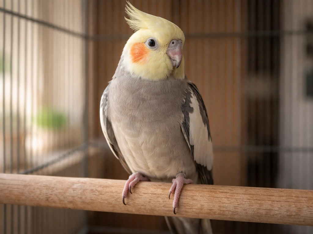 A cockatiel perched with both feet visible, showing a close, clear view of its legs
