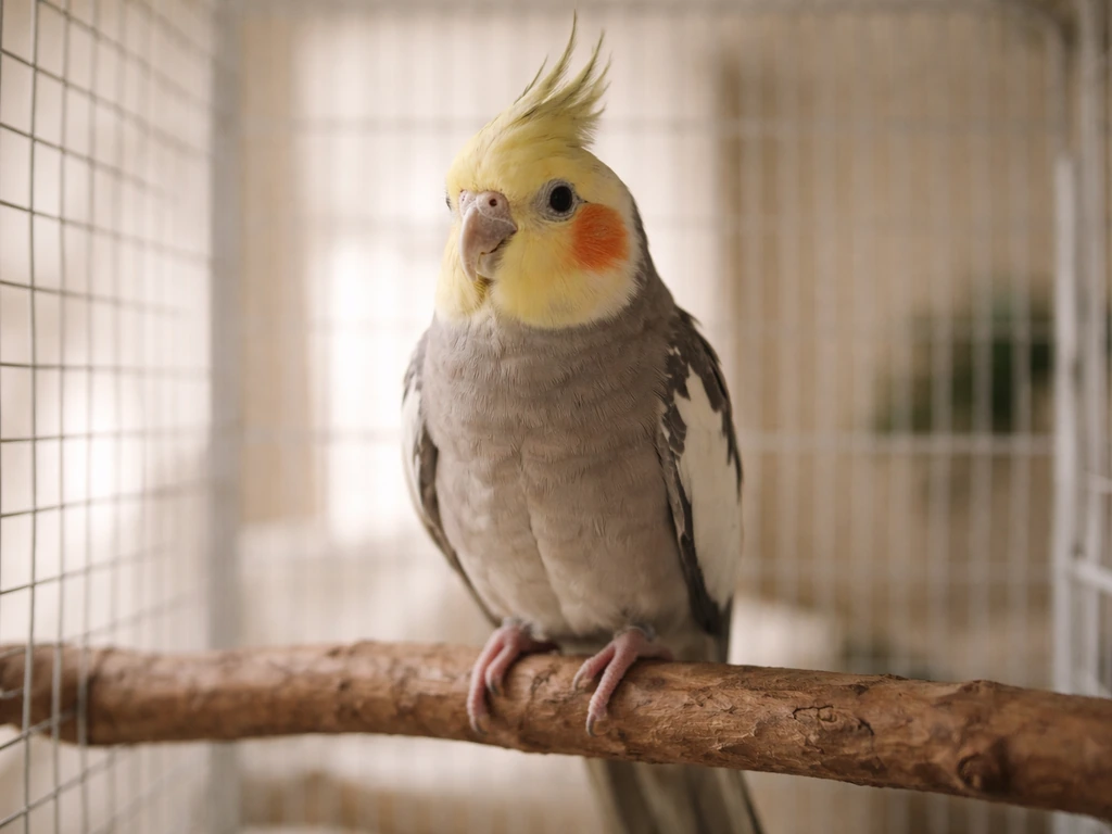 Cockatiel perched and standing unevenly, photographed from a short distance to show posture and stance.