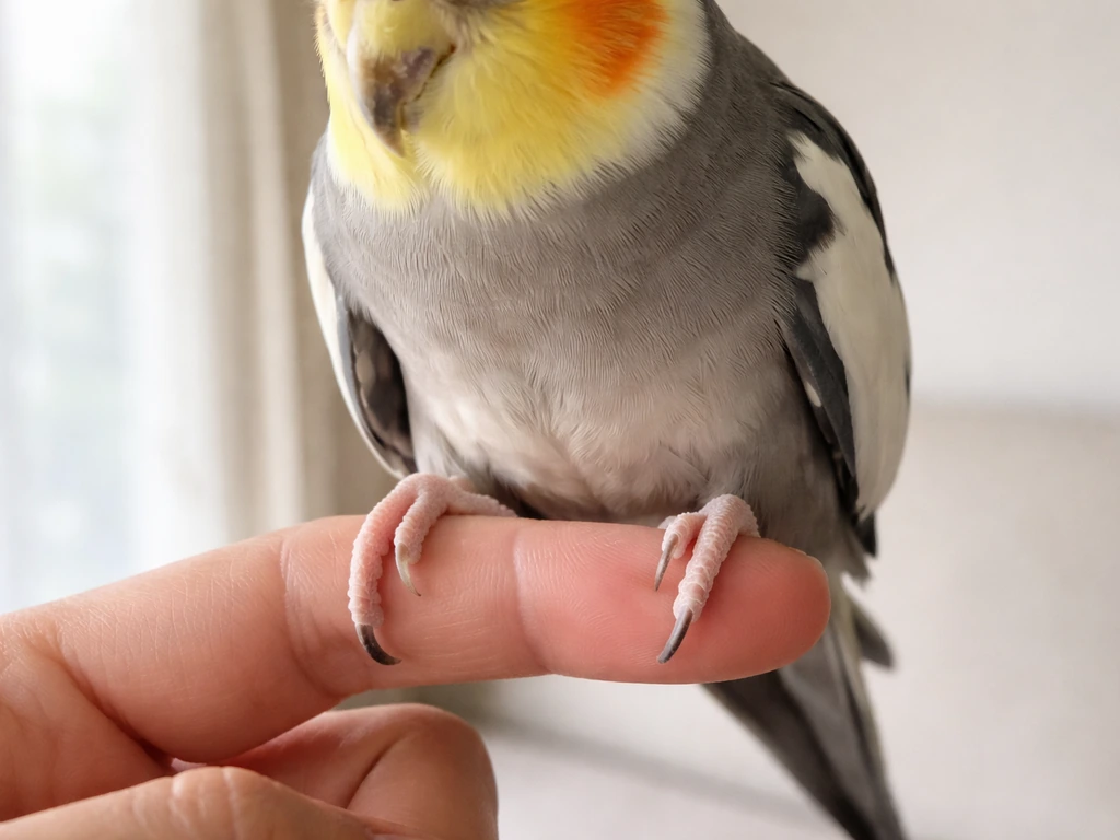 Close-up of a cockatiel perched on a finger, gripping firmly on one side.