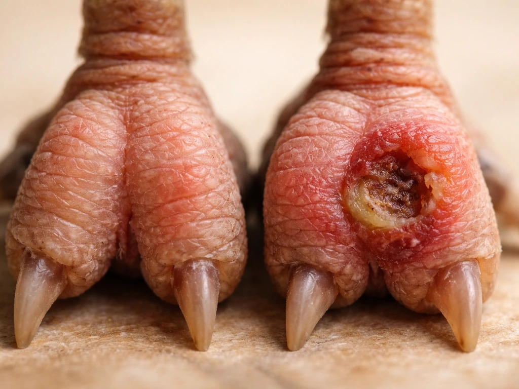 Close-up comparison of a cockatiel foot pad showing mild redness to severe lesion stages.