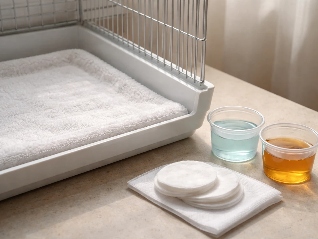Close-up of a small pet bird recovery setup: soft towel-lined cage bottom and antiseptic solution containers