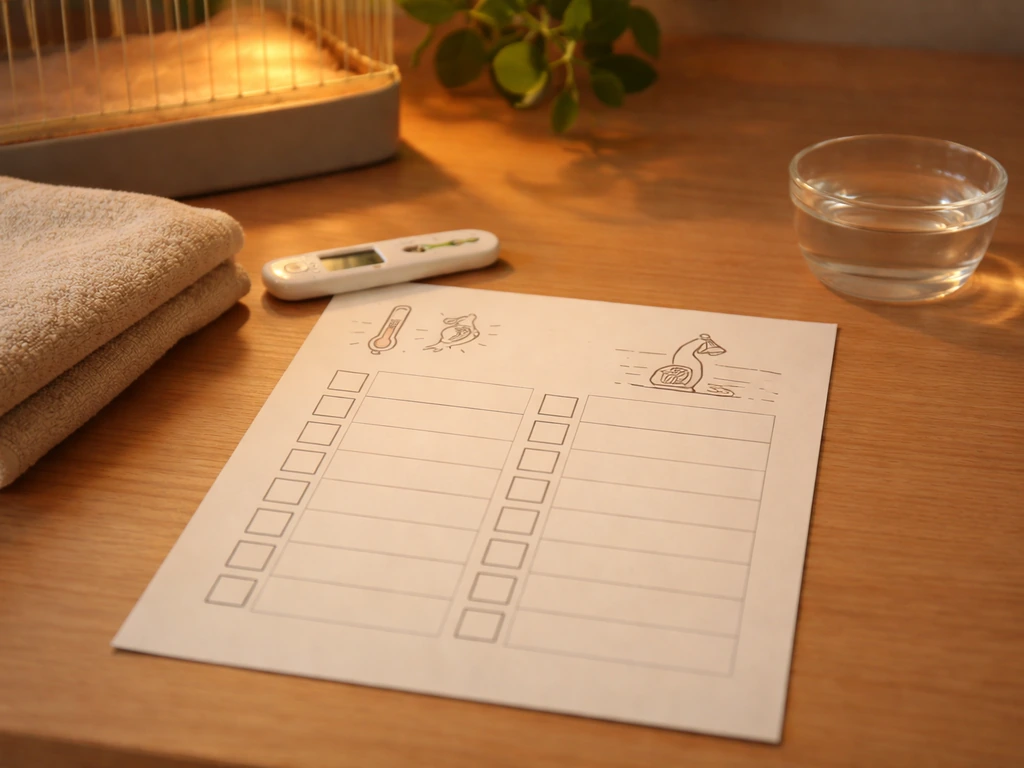 Close-up of a warm checklist board with checkboxes and a small bird-care thermometer beside it
