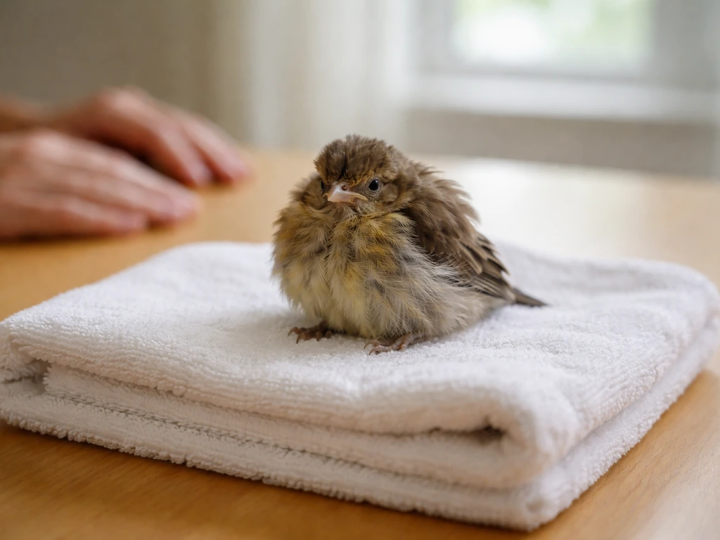 Person watching an ailing bird from a short distance on a small towel in a quiet room