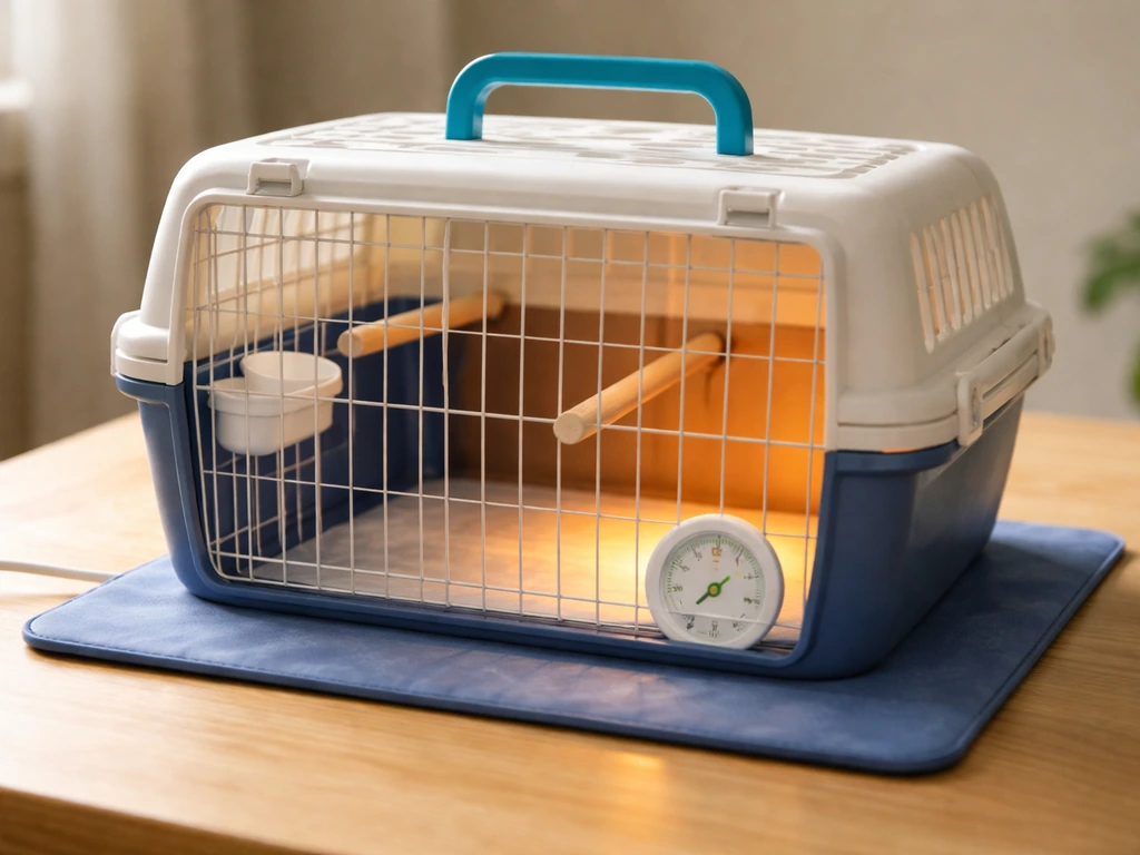 Small bird carrier on a LOW heating pad with a thermometer near the warm zone, no bird visible.