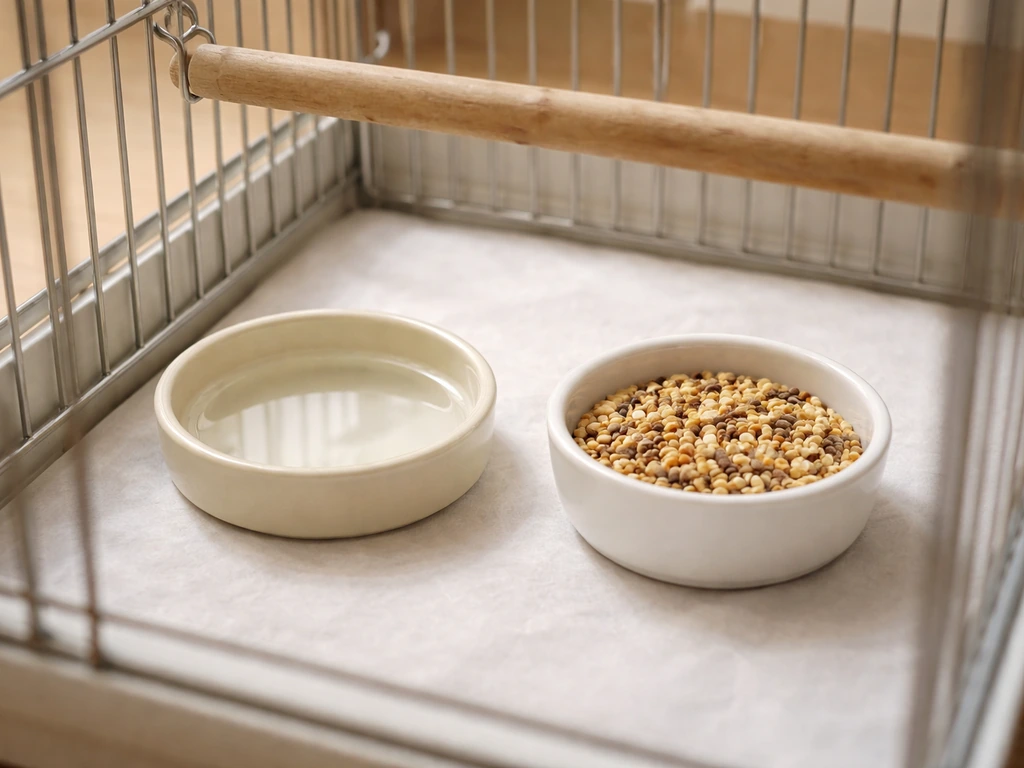Water dish and easy bird food placed at the cage floor for easy access.