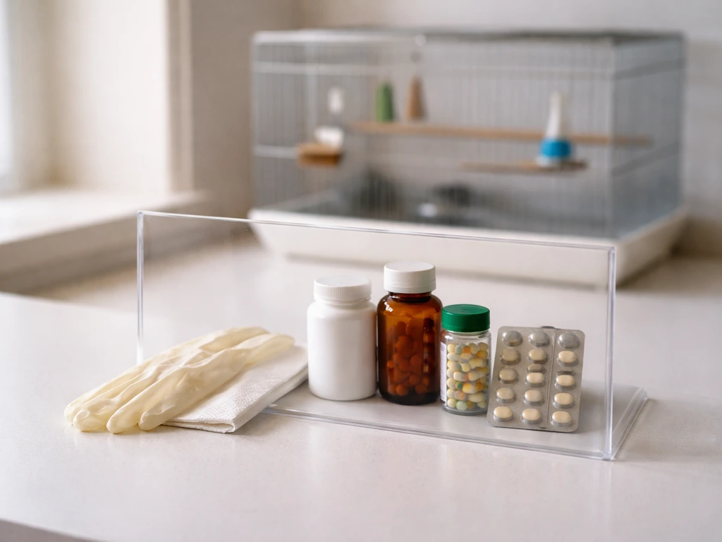 Top-down photo of a clutter-free kitchen counter with human medication bottles kept away from an empty pet bird cage.